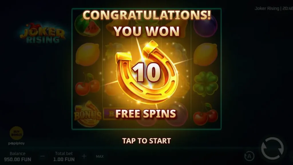 Tampilan visual slot Joker Rising dengan simbol buah neon dan karakter Joker