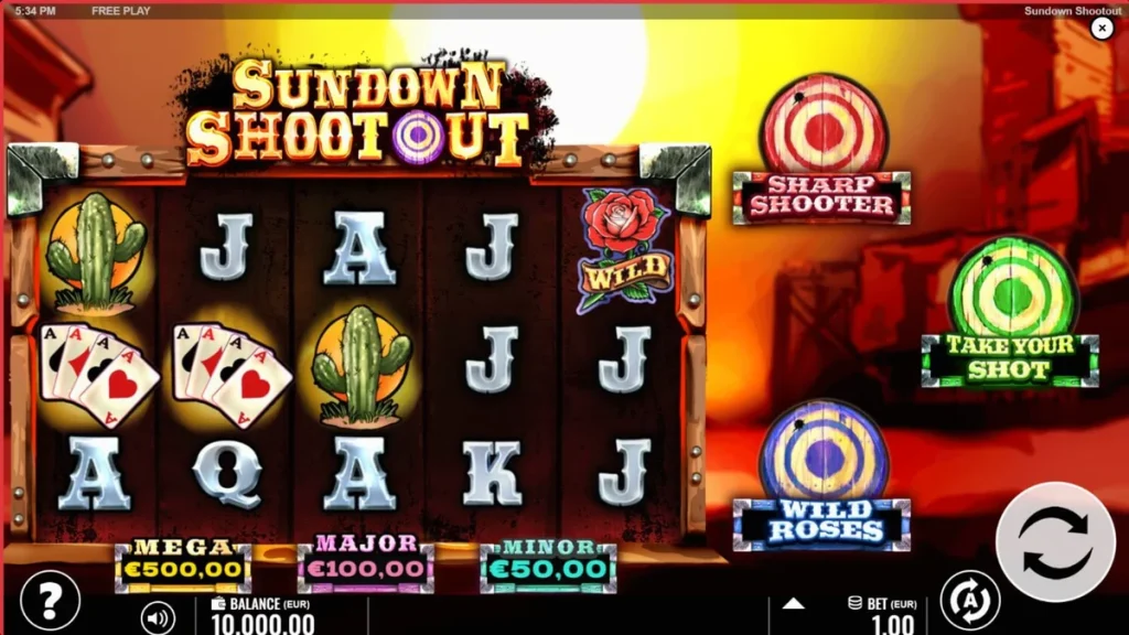 Tampilan layar slot Sundown Shootout pada perangkat seluler dengan latar belakang bertema Wild West